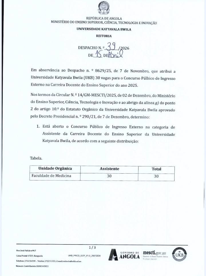 A Universidade Katyavala Bwila (UKB) torna público o Concurso de Ingresso Externo na Carreira Docente do Ensino Superior – 2026